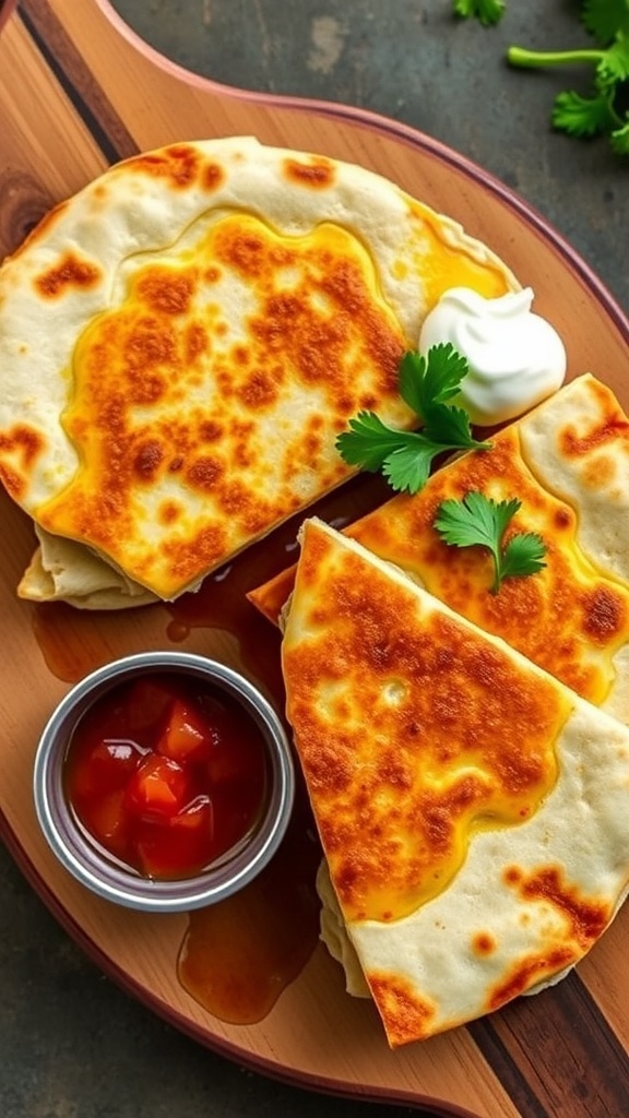 Four-fold cheese quesadilla cut into wedges with melted cheese, served with salsa and sour cream on a wooden board.